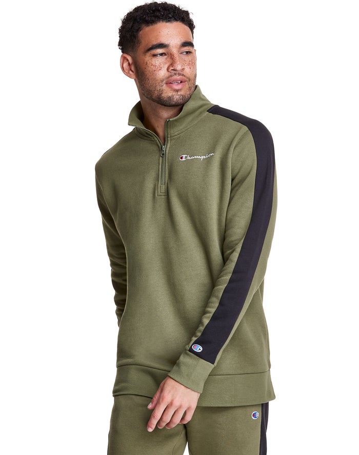 Champion Colorblock Stripe Fleece 1/4 Zip Sweatshirt Heren - Olijfgroen - Belgie 2315JDSKL